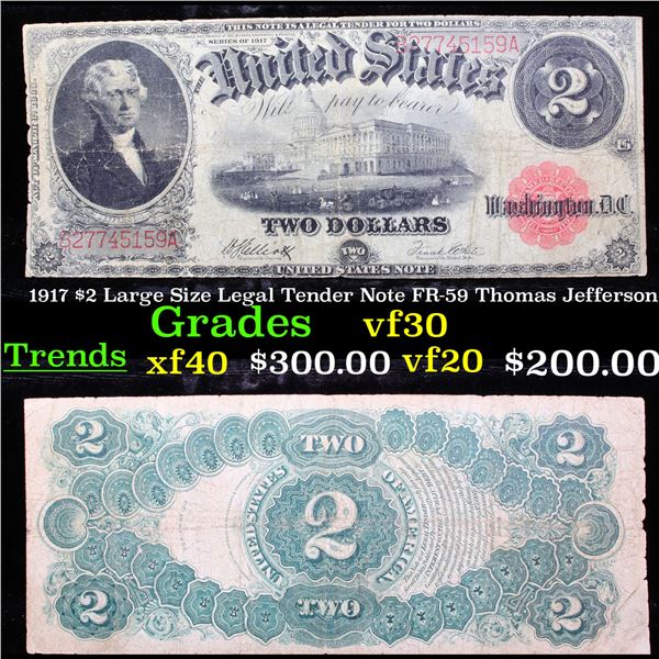 1917 $2 Large Size Legal Tender Note FR-59 Thomas Jefferson Grades vf++