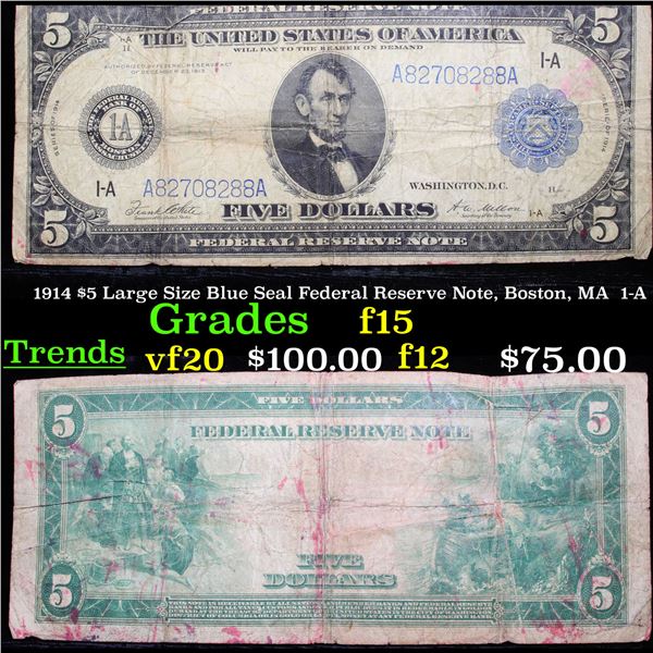 1914 $5 Large Size Blue Seal Federal Reserve Note, Boston, MA  1-A Grades f+