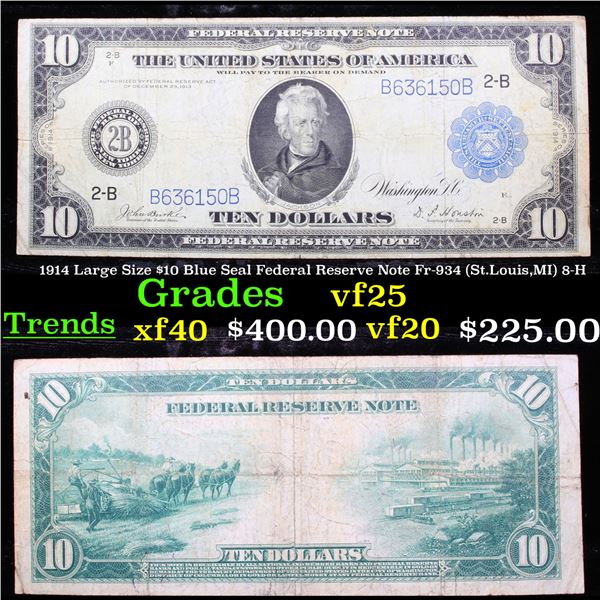 1914 Large Size $10 Blue Seal Federal Reserve Note Fr-934 (St.Louis,MI) 8-H Grades vf+