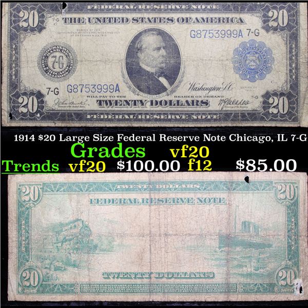 1914 $20 Large Size Federal Reserve Note Chicago, IL 7-G Grades vf, very fine