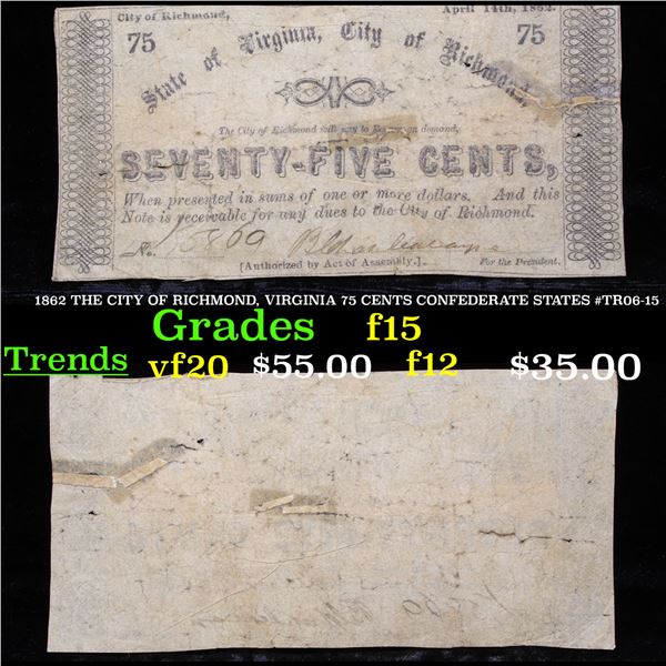 1862 THE CITY OF RICHMOND, VIRGINIA 75 CENTS CONFEDERATE STATES #TR06-15 Grades f+