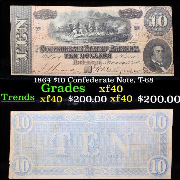 1864 $10 Confederate Note, T-68 Grades xf