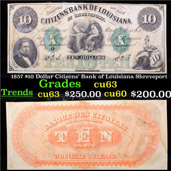 1857 $10 Dollar Citizens' Bank of Louisiana Shreveport Grades Select CU