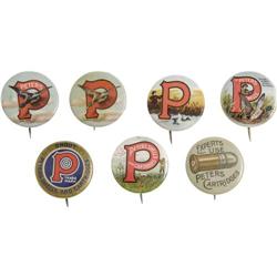 Collection of Seven Peters Ammunition Pinbacks 