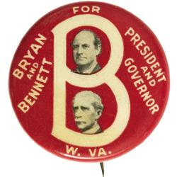 William Jennings Bryan: 1¼" 1908 WV Coat-Tail 