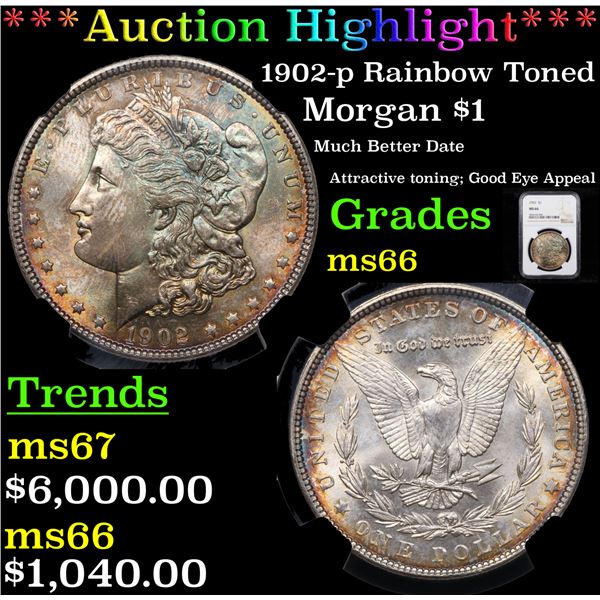 ***Auction Highlight*** NGC 1902-p Rainbow Toned Morgan Dollar $1 Graded ms66 By NGC (fc)