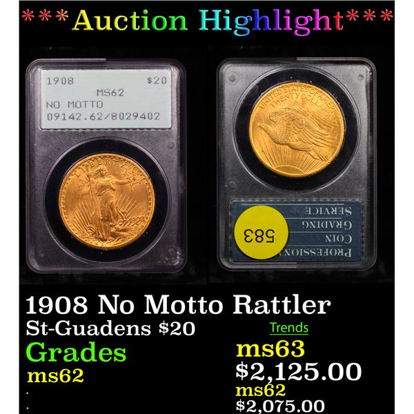 ***Auction Highlight*** PCGS 1908 No Motto Rattler Gold St-Guadens Double Eagle $20 Graded ms62 By P