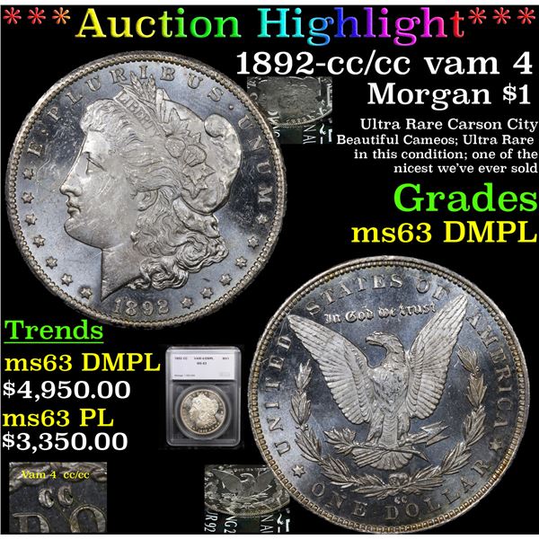***Auction Highlight*** 1892-cc /cc vam 4 Morgan Dollar $1 Graded ms63 DMPL By SEGS (fc)