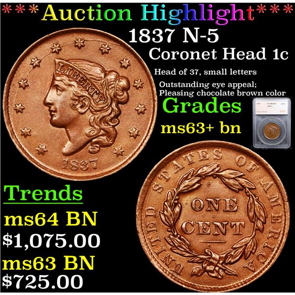 ***Auction Highlight*** 1837 N-5 Coronet Head Large Cent 1c Graded ms63+ bn By SEGS (fc)