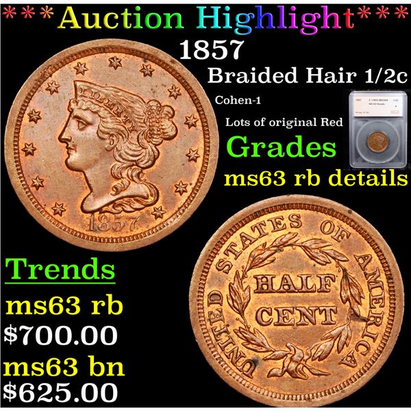 ***Auction Highlight*** 1857 Braided Hair Half Cent 1/2c Graded ms63 rb details By SEGS (fc)