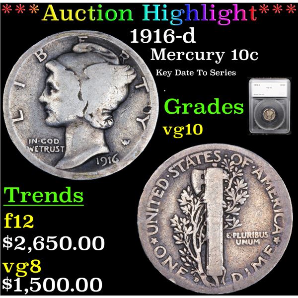 ***Auction Highlight*** 1916-d Mercury Dime 10c Graded vg10 By SEGS (fc)