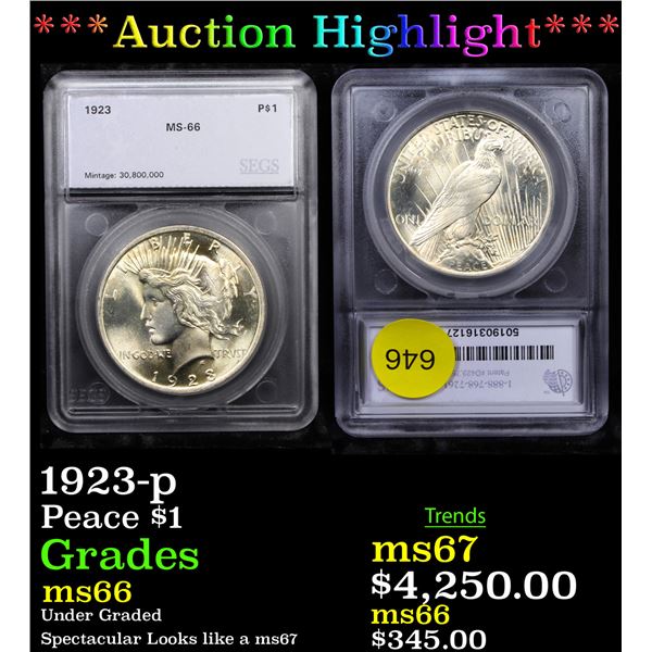 ***Auction Highlight*** 1923-p Peace Dollar $1 Graded ms66 By SEGS (fc)