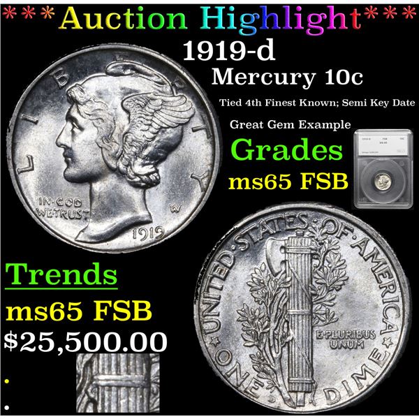 ***Auction Highlight*** 1919-d Mercury Dime 10c Graded ms65 FSB By SEGS (fc)