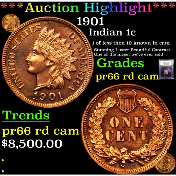 Proof ***Auction Highlight*** 1901 Indian Cent 1c Graded Gem+ Proof Red Cameo By USCG (fc)