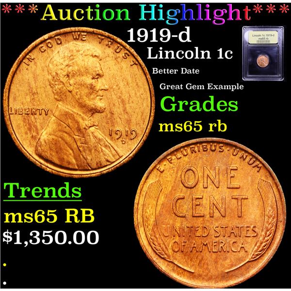 ***Auction Highlight*** 1919-d Lincoln Cent 1c Graded GEM Unc RB By USCG (fc)