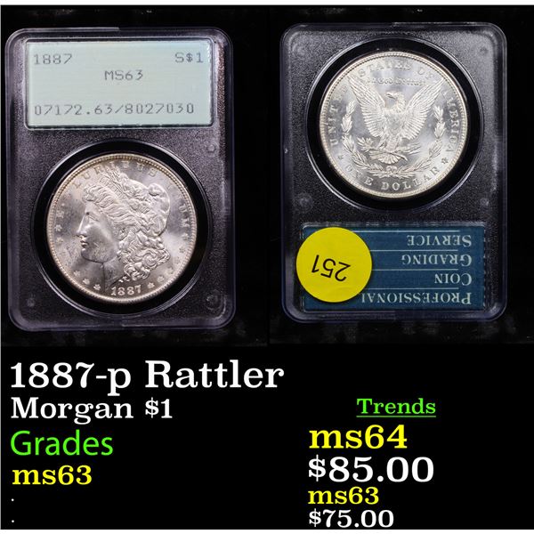 PCGS 1887-p Rattler Morgan Dollar $1 Graded ms63 By PCGS