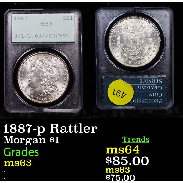 PCGS 1887-p Rattler Morgan Dollar $1 Graded ms63 By PCGS