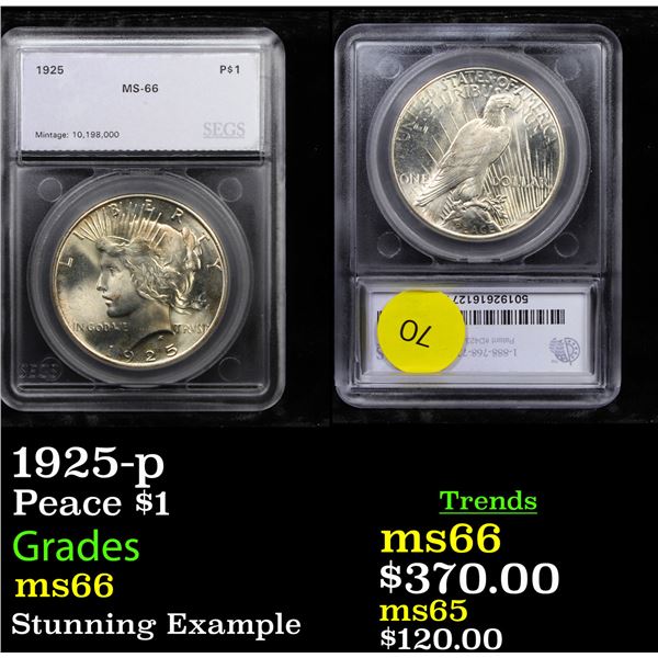 1925-p Peace Dollar $1 Graded ms66 By SEGS