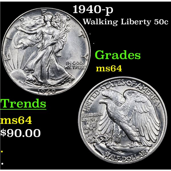 1940-p Walking Liberty Half Dollar 50c Grades Choice Unc
