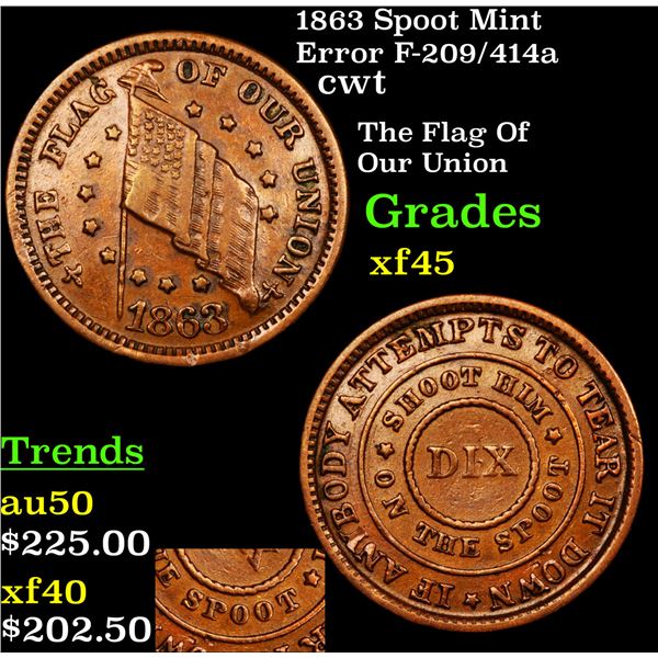 1863 Spoot Mint Error F-209/414a Civil War Token 1c Grades xf+