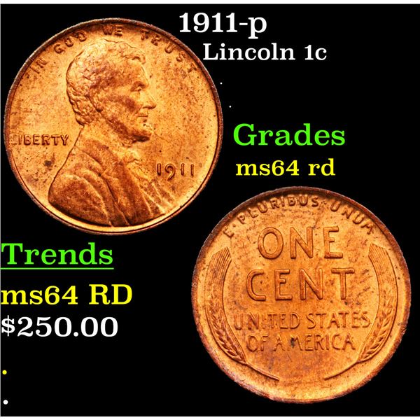 1911-p Lincoln Cent 1c Grades Choice Unc RD