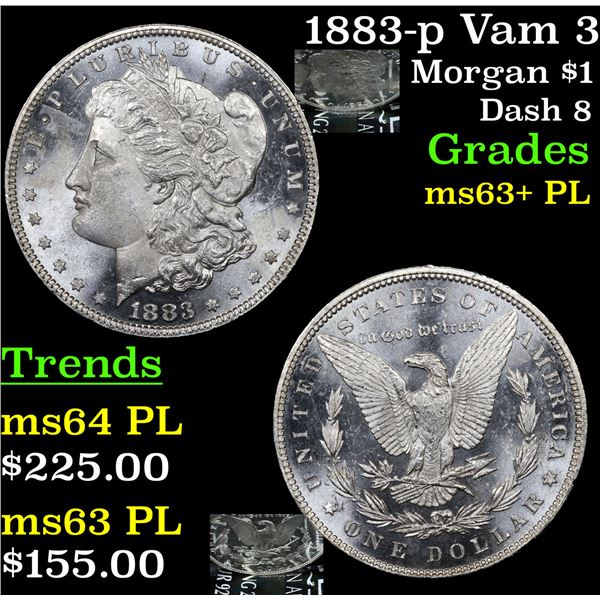 1883-p Vam 3 Morgan Dollar $1 Grades Select Unc+ PL