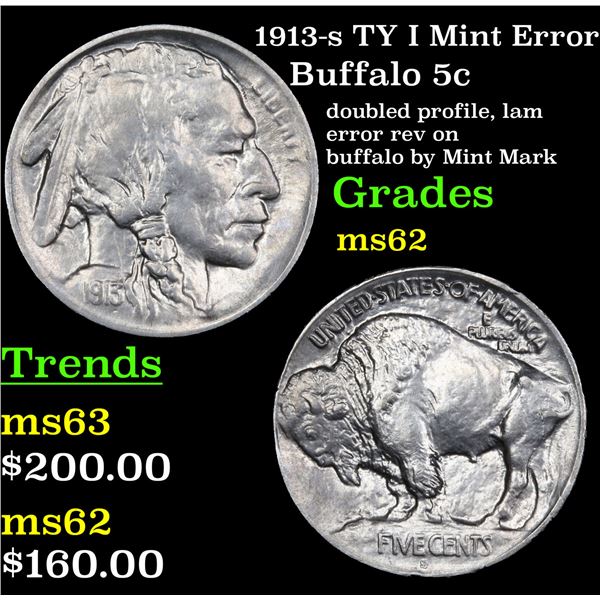 1913-s TY I Mint Error Buffalo Nickel 5c Grades Select Unc