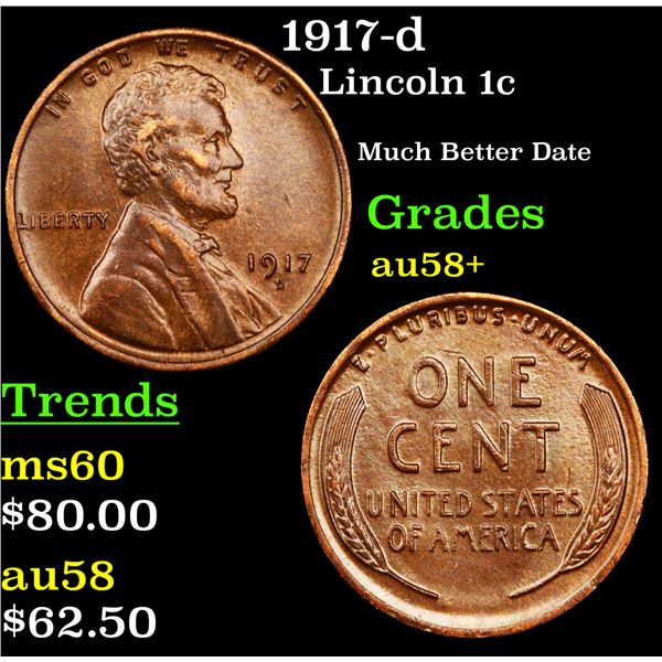 1917-d Lincoln Cent 1c Grades Choice AU/BU Slider+