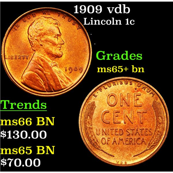 1909 vdb Lincoln Cent 1c Grades GEM+ Unc BN