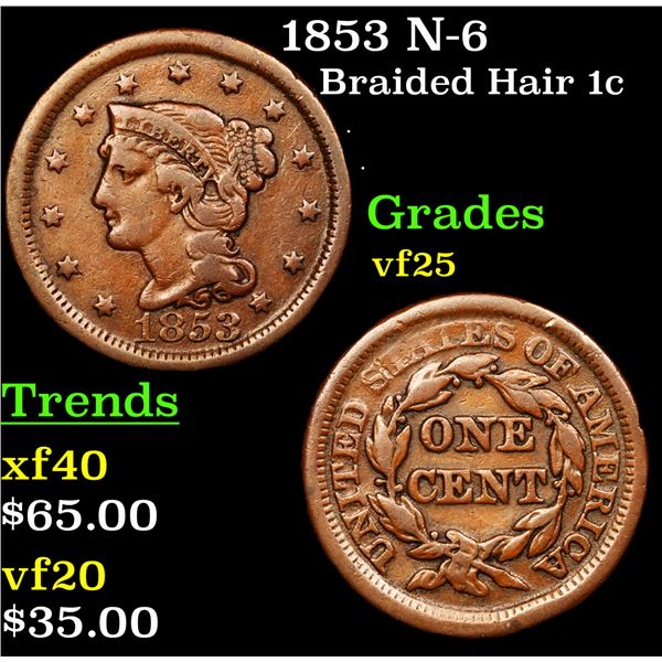 1853 N-6 Braided Hair Large Cent 1c Grades vf+