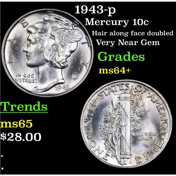 1943-p Mercury Dime 10c Grades Choice+ Unc