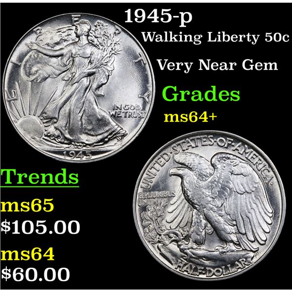 1945-p Walking Liberty Half Dollar 50c Grades Choice+ Unc