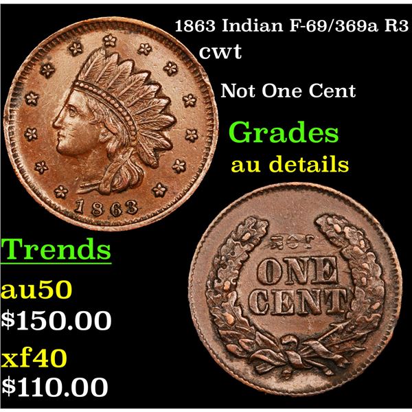 1863 Indian F-69/369a R3 Civil War Token 1c Grades AU Details