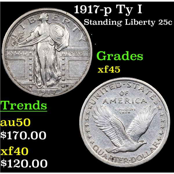 1917-p Ty I Standing Liberty Quarter 25c Grades xf+