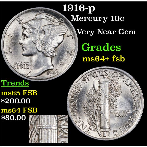 1916-p Mercury Dime 10c Grades Choice Unc+ FSB