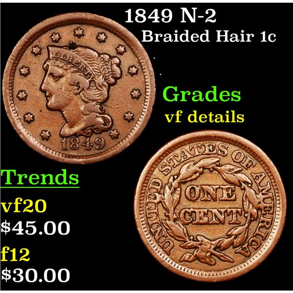 1849 N-2 Braided Hair Large Cent 1c Grades vf details