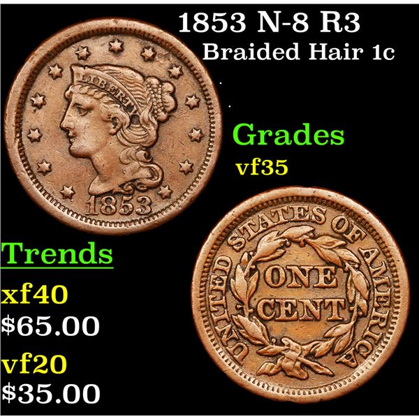 1853 N-8 R3 Braided Hair Large Cent 1c Grades vf++