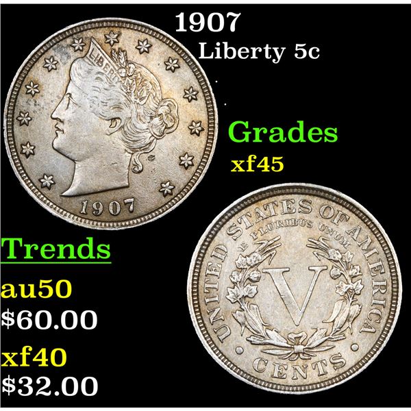 1907 Liberty Nickel 5c Grades xf+