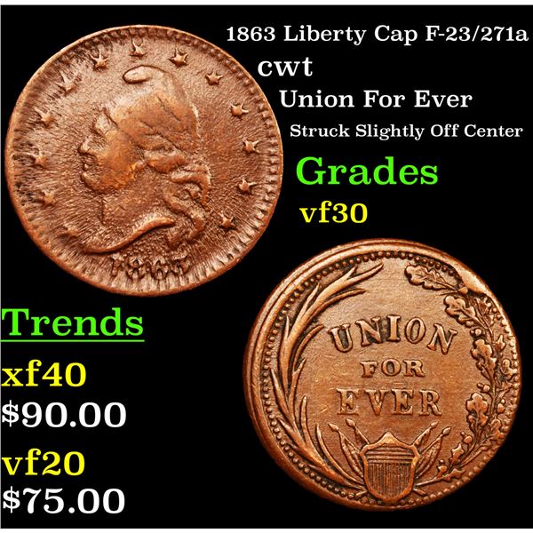 1863 Liberty Cap F-23/271a Civil War Token 1c Grades vf++