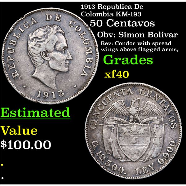 1913 Republica De Colombia KM-193 50 Centavos Grades xf