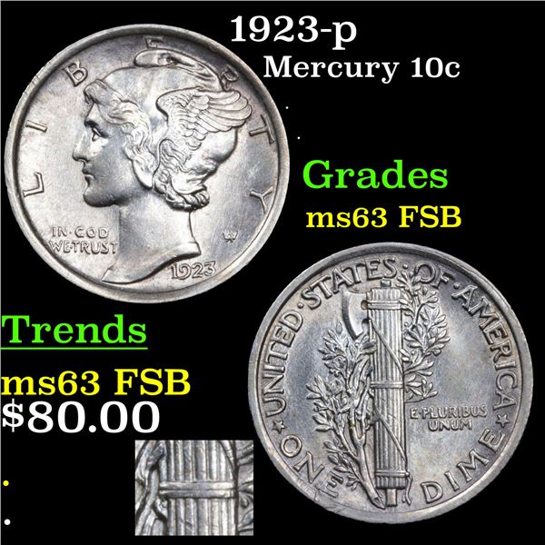 1923-p Mercury Dime 10c Grades Select Unc FSB