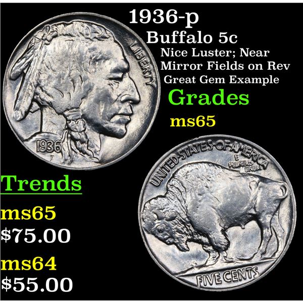 1936-p Buffalo Nickel 5c Grades GEM Unc