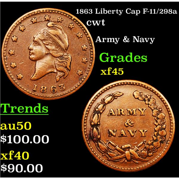 1863 Liberty Cap F-11/298a Civil War Token 1c Grades xf+