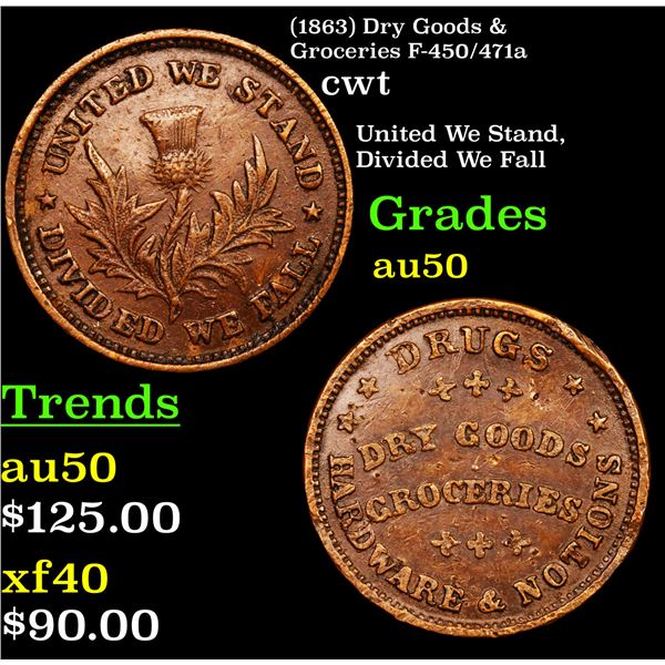 (1863) Dry Goods & Groceries F-450/471a Civil War Token 1c Grades AU, Almost Unc