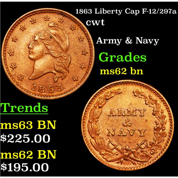 1863 Liberty Cap F-12/297a Civil War Token 1c Grades Select Unc BN