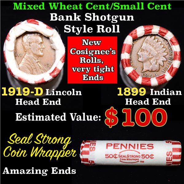 Mixed small cents 1c orig shotgun roll, 1919-d Wheat Cent, 1899 Indian cent other end, Seal Strong W