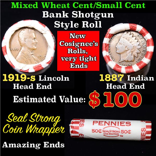 Mixed small cents 1c orig shotgun roll, 1919-s Wheat Cent,1887 Indian cent other end, Seal Strong Wr