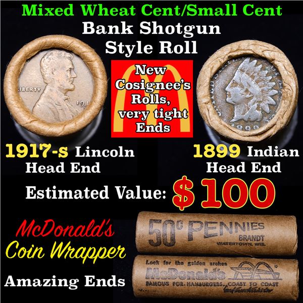 Mixed small cents 1c orig shotgun roll, 1917-s Wheat Cent, 1899 Indian cent other end, McDonalds Wra