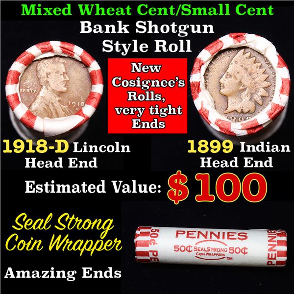 Mixed small cents 1c orig shotgun roll, 1918-d Wheat Cent, 1899 Indian cent other end, Seal Strong W