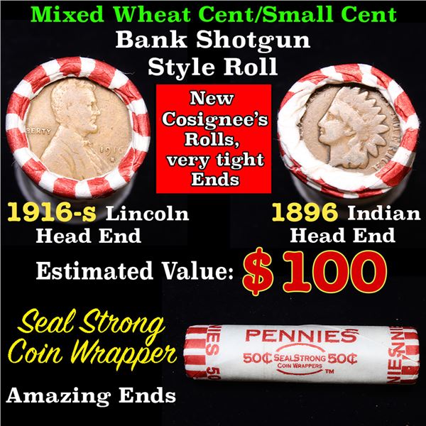 Mixed small cents 1c orig shotgun roll, 1916-s Wheat Cent, 1896 Indian cent other end, Seal Strong W